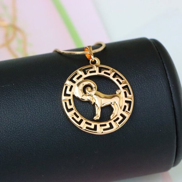"Zodiac Ram Rose Gold Round Pendant in Geometric Border Design, XPPT1328 - Picture 12 of 13